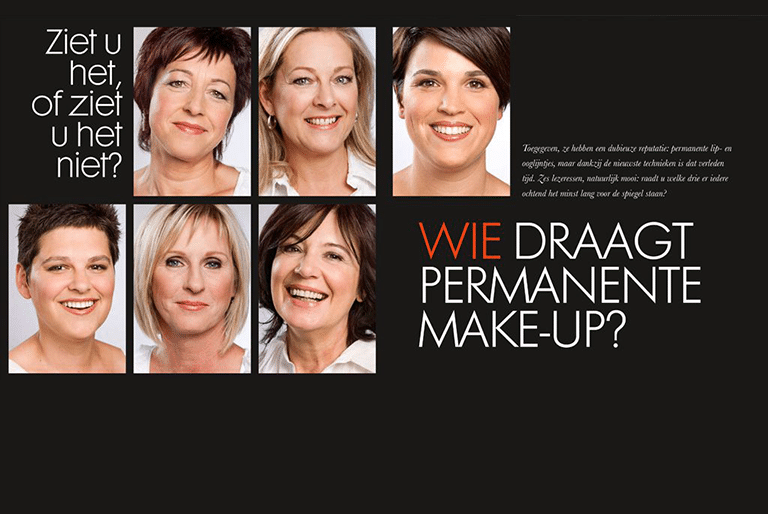 Dit is een beeld met verschillende vrouwen die lachen over permanente make-up of je het wel of niet ziet, Janny Hanegraaf - Permanent Mooi
